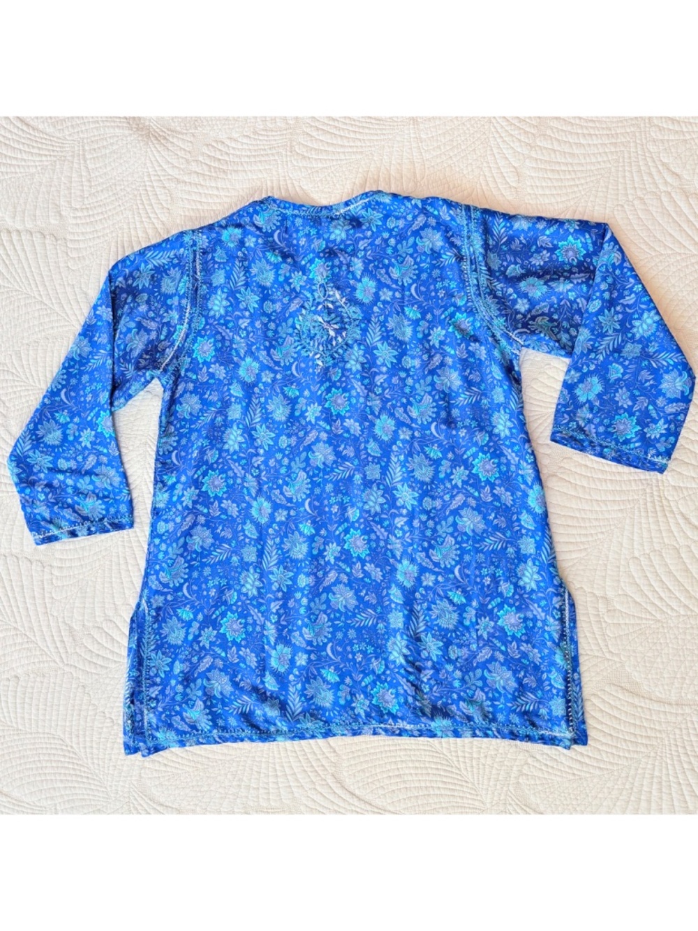 Dolma Blue 100% Silk Floral Embroidered Boho Coastal Resortwear Tunic XL - Picture 11 of 17